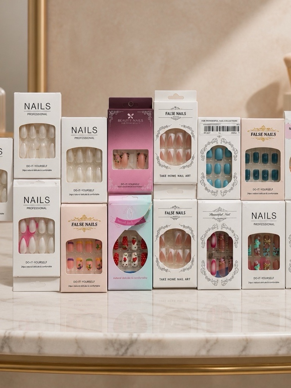 Lot of 15 press on nail boxes long embellished coffin, almond new in box
